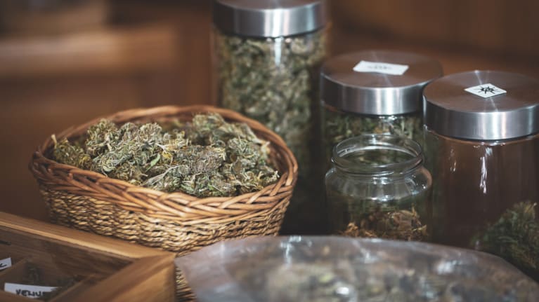Cannabis products in jars and baskets
