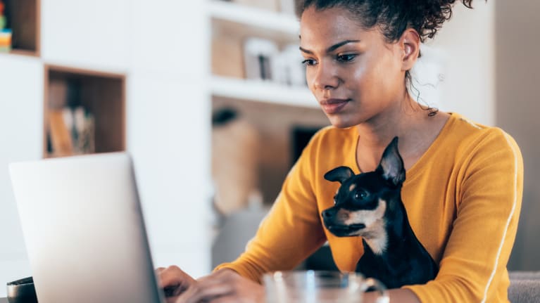 woman working from home with dog on her lap