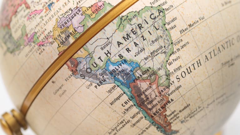 South and Central America on the globe