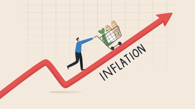 A graphic with an arrow going up, someone pushing a grocery cart on the arrow and Inflation written beneath the upward arrow