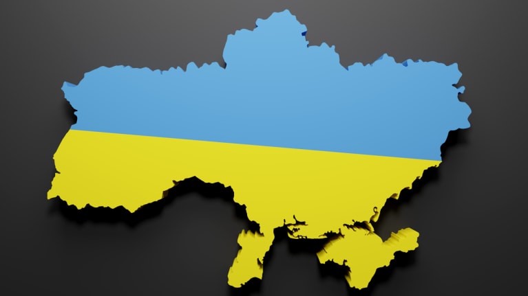 A map of Ukraine with its flag superimposed on it
