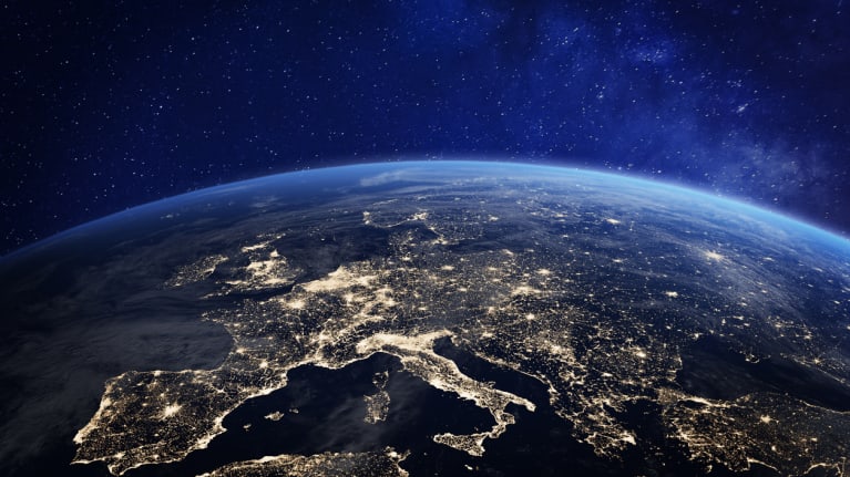 Europe viewed from outerspace at night illuminated by city lights
