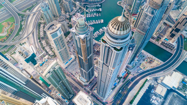 Dubai skyscrapers from an aerial view
