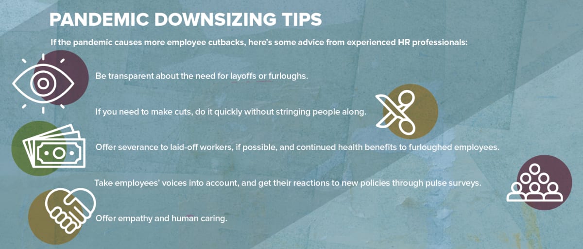 Pandemic Downsizing Tips. If the pandemic causes more employee cutbacks, here’s some advice from experienced HR professionals: Be transparent about the need for layoffs or furloughs.If you need to make cuts, do it quickly without stringing people along.Offer severance to laid-off workers, if possible, and continued health benefits to furloughed employees.Take employees’ voices into account, and get their reactions to new policies through pulse surveys.Offer empathy and human caring.