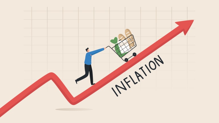 A graphic of someone pushing a grocery cart atop an arrow going up that is labeled Inflation